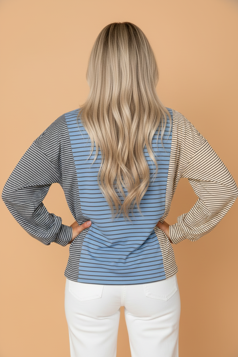 The Second Look | Stripe Colorblock Round-Neck Long-Sleeve Top — view 2 of 3
