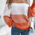 Elegant Off-Shoulder Striped Sweater - Casual Lantern Long
