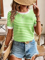 Women's High-Elastic Round Neck Short Sleeve Blouse-Compatible Shirt | Striped Color-Blocking Suitable for — view 10