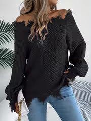 Solid Color Off Shoulder Sweater, Casual Long Sleeve Sweater For Fall & Winter, Women's Clothing — view 2