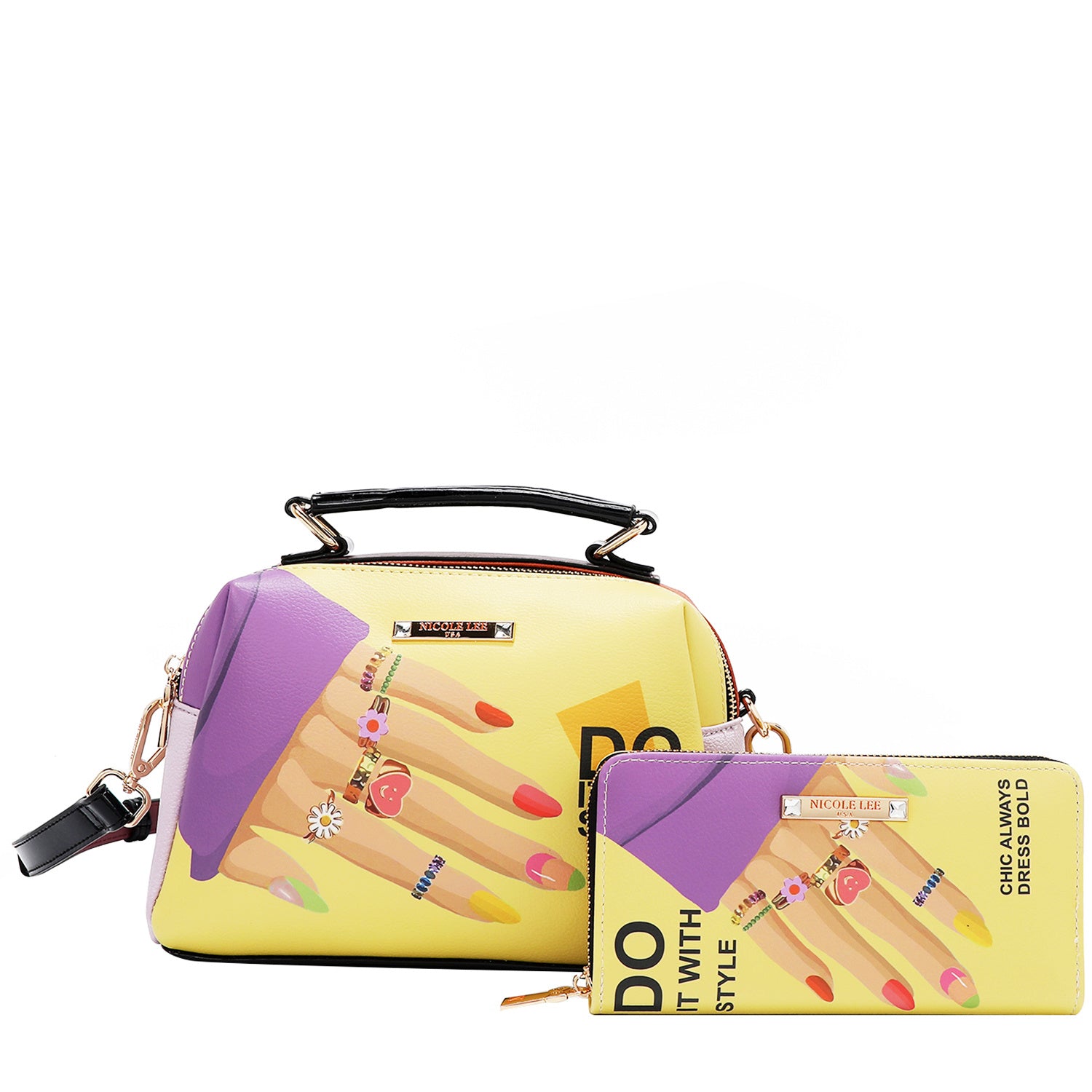 Nicole Nail Polish 3 Piece Set (Large Handbag, Small Crossbody, Small Wallet) 3-In-1 Versatile Travel Set, Yellow/Multicolor, Fashionable Chic Print