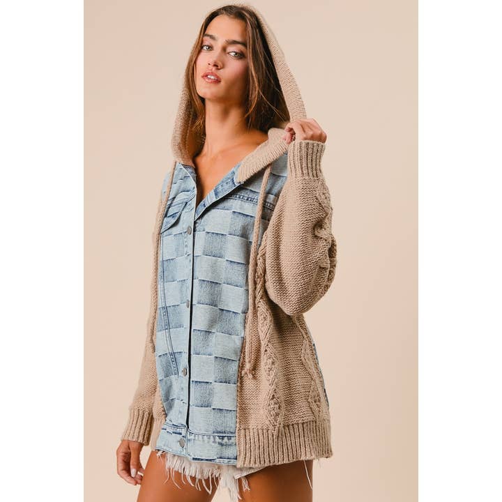 Washed Checker Denim and Sweater Hooded Jacket