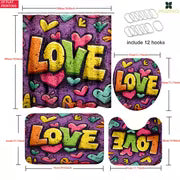 4pcs Colorful LOVE Word Pattern Shower Curtain Set, Shower Curtain with 6/12 Hooks, Non-Slip Bath Rug, U-Shape — view 3