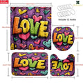 4pcs Colorful LOVE Word Pattern Shower Curtain Set, Shower Curtain with 6/12 Hooks, Non-Slip Bath Rug, U-Shape — view 7
