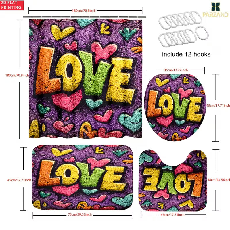 4pcs Colorful LOVE Word Pattern Shower Curtain Set, Shower Curtain with 6/12 Hooks, Non-Slip Bath Rug, U-Shape — view 7