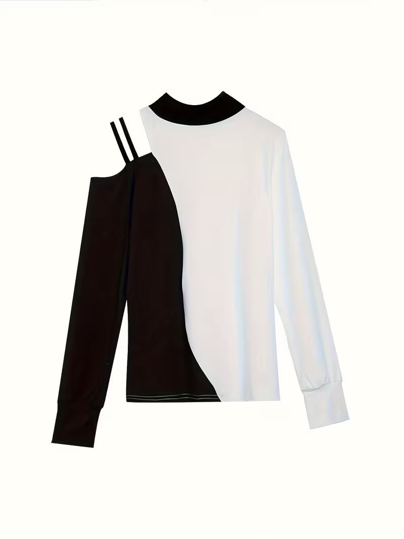 [Contrast Long-Sleeve Top] European and American Cross-Border Off-Shoulder • Black and White Contrast • — view 8