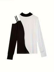 [Contrast Long-Sleeve Top] European and American Cross-Border Off-Shoulder • Black and White Contrast • — view 3