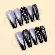 24pcs Christmas Matte Long Ballerina Fake Nails Black Silvery Glitter Rhinestone Xmas Press-On Nails — view 3