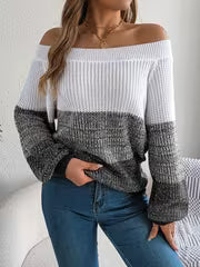 Elegant Off-Shoulder Striped Sweater - Casual Lantern Long Sleeve, Acrylic Knit for Women - Perfect for — view 9