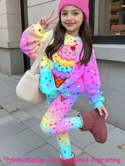[Girls' Sweatshirt & Pants Set] Girls' Casual 2pcs Set - Round Neck Multicolor Gradient Polka Dot Cartoon Ice — view 1