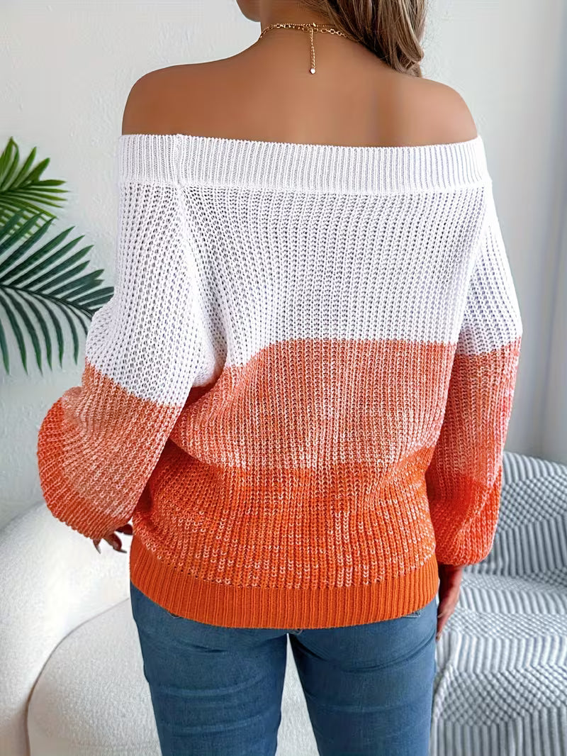 Elegant Off-Shoulder Striped Sweater - Casual Lantern Long Sleeve, Acrylic Knit for Women - Perfect for — view 8
