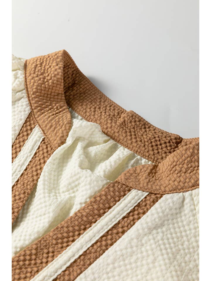 PRETTY BASH Colorblock V-Neck Textured Long Sleeve Blouse