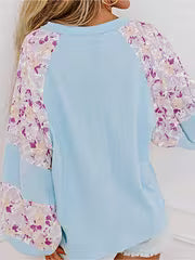 Boho Retro Cream Raglan Lantern Bubble Puff Sleeve Floral Sweater Shirt — view 3