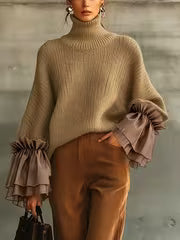 Women'S Elegant Fashion High-Neck Long Sleeve Sweater with Sheer Ruffled Cuffs — view 11