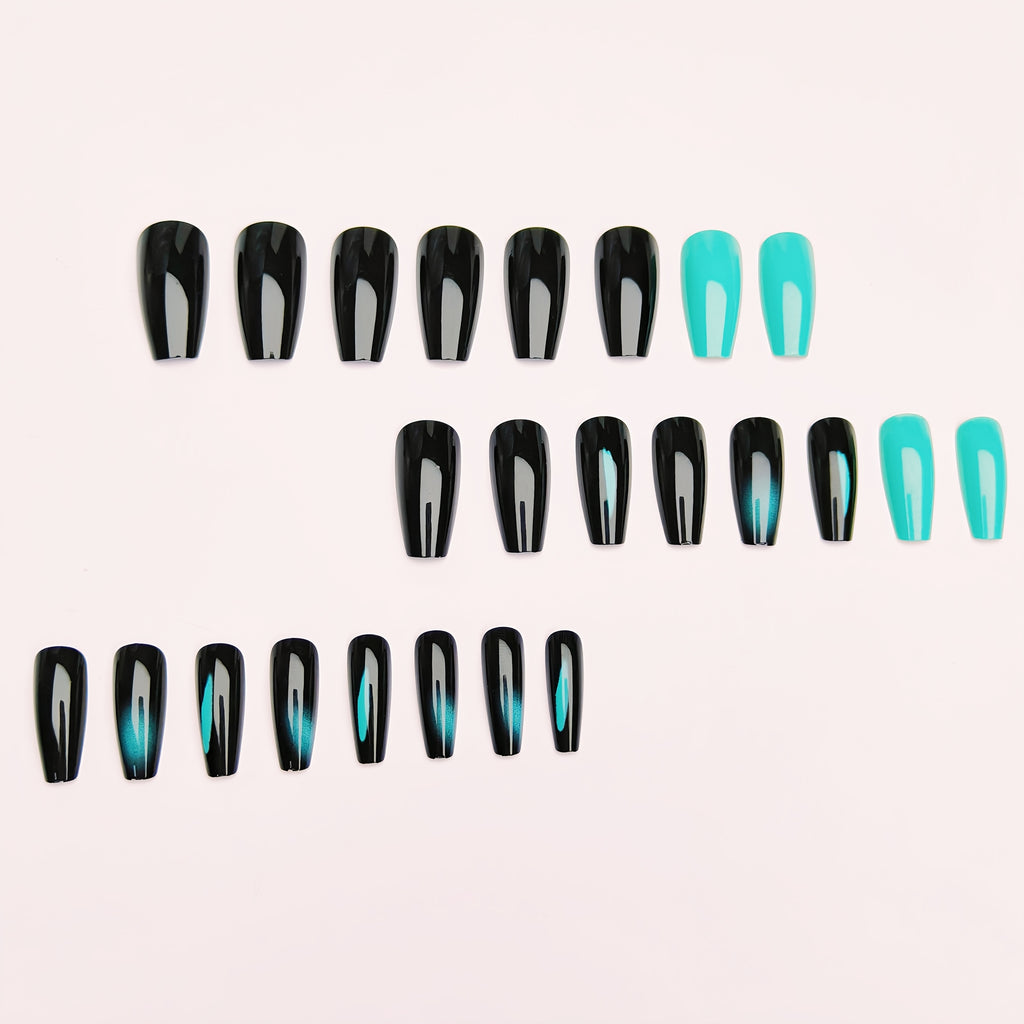 Elegant Gradient Black and Teal Stripe Press-On Nails, Ballet Shape, Medium Length, Glossy Finish - 24pcs