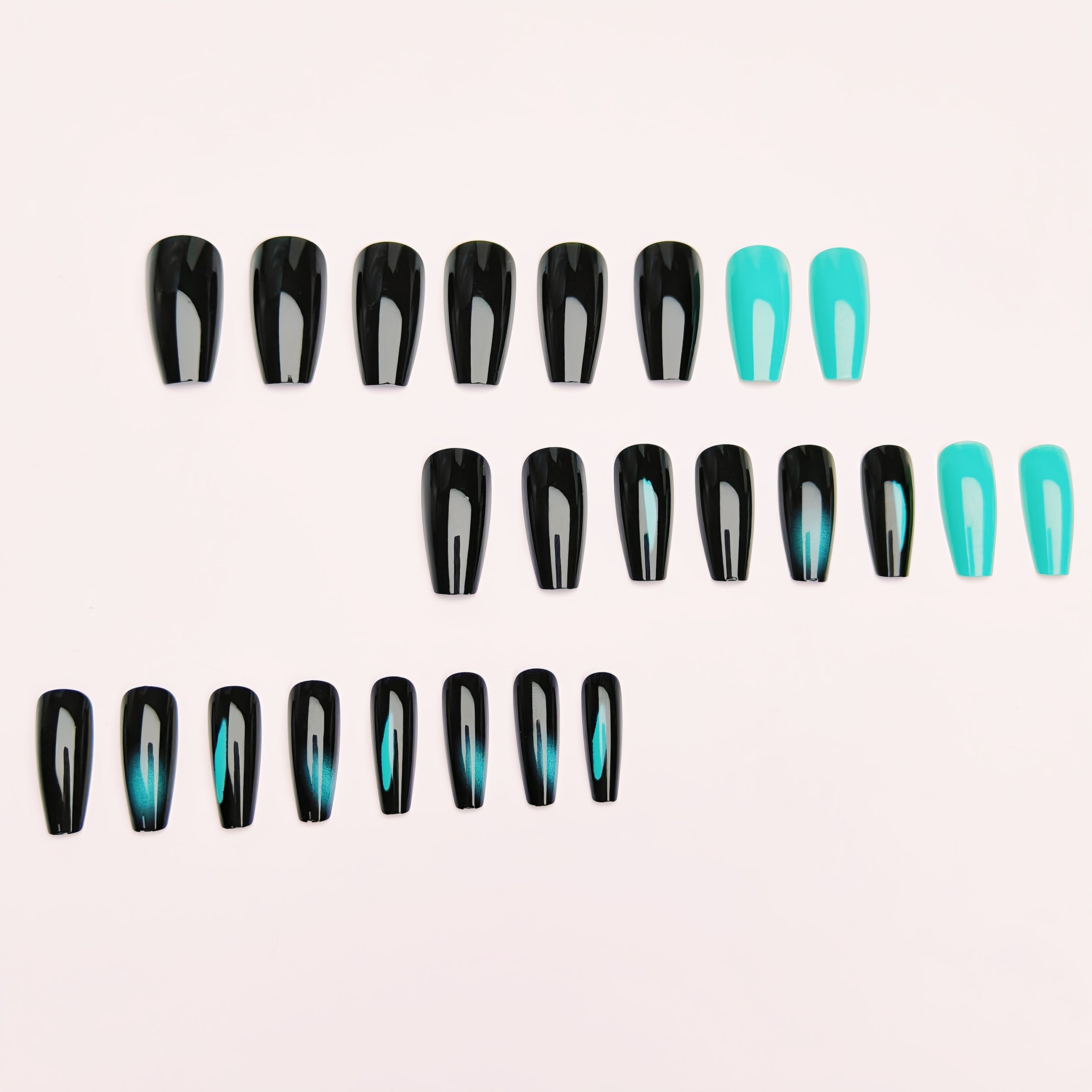Elegant Gradient Black and Teal Stripe Press-On Nails, Ballet Shape, Medium Length, Glossy Finish - 24pcs