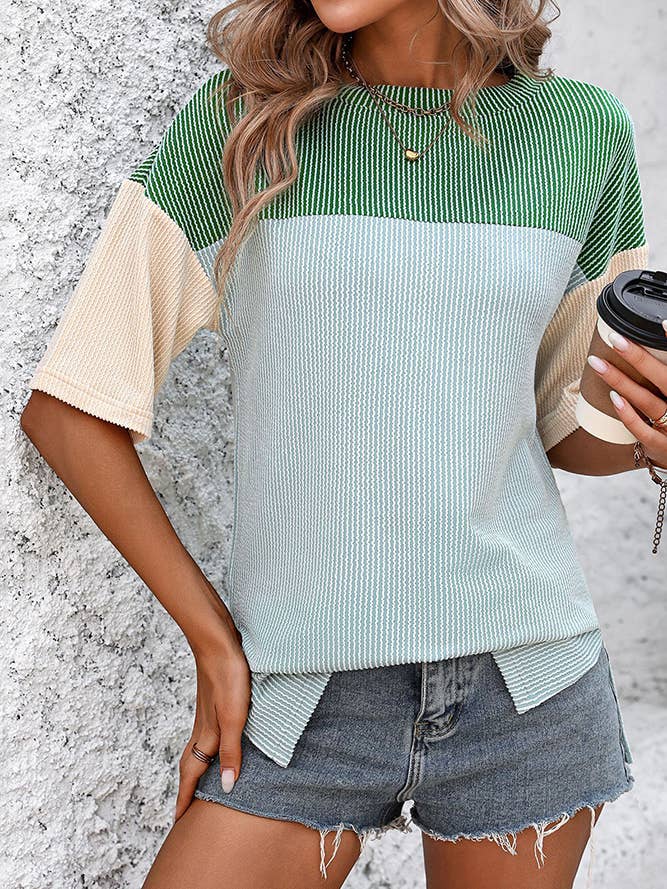 Summer Colorblock Splicing Ribbed Knitting Top MD119