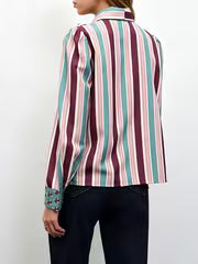 Striped Bow Tie Blouse with Contrast Collar And Cuffs, Suitable for Spring/Autumn Wear, Office Attire, Elegant — view 3