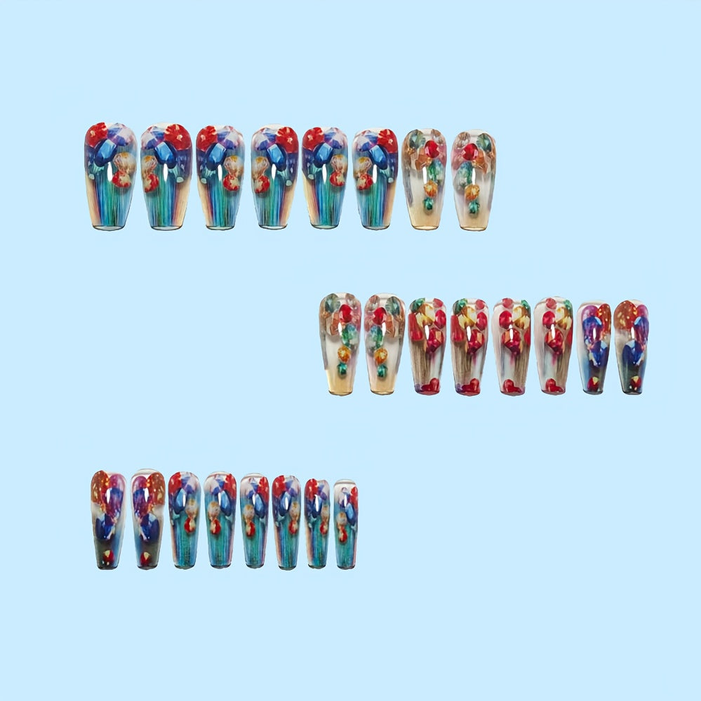 Upgrade Your Style, 24pcs of Chinese Ballet Fake Nails, Colored Gemstones Inlaid with Transparent Background Color Colorful Wearing Nail Design, Full Coverage of Bright Artificial Nail Art, Detachable Fake Nails