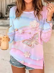 Women'S Spring Summer Autumn Round Neck Thin Pink Butterfly Print Sweater, Office Casual Wear, Textured Autumn — view 1