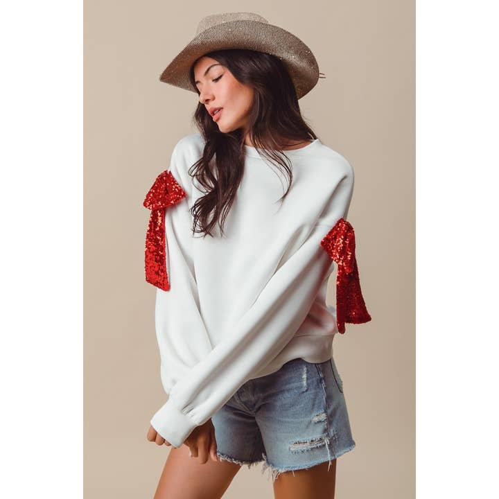 Bow Ribbon Sequins Embellished Terry Knit Top — view 4