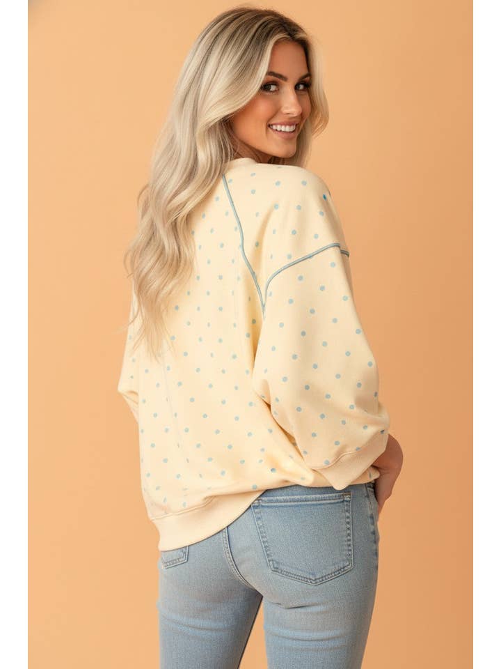 Caught Mid-Laugh | Polka Dot Piping-Trim 3/4 Raglan Sleeve Top — view 2 of 3