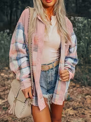 Plaid Print Drop Shoulder Jacket, Casual Lapel Neck Long Sleeve Button Front Jacket For Fall & Spring, Women's — view 1