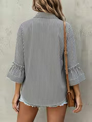 Spring/Summer Striped Commuter Shirt for Women with Ruffle Cuffs, Versatile and Elegant Daily Work Top — view 4