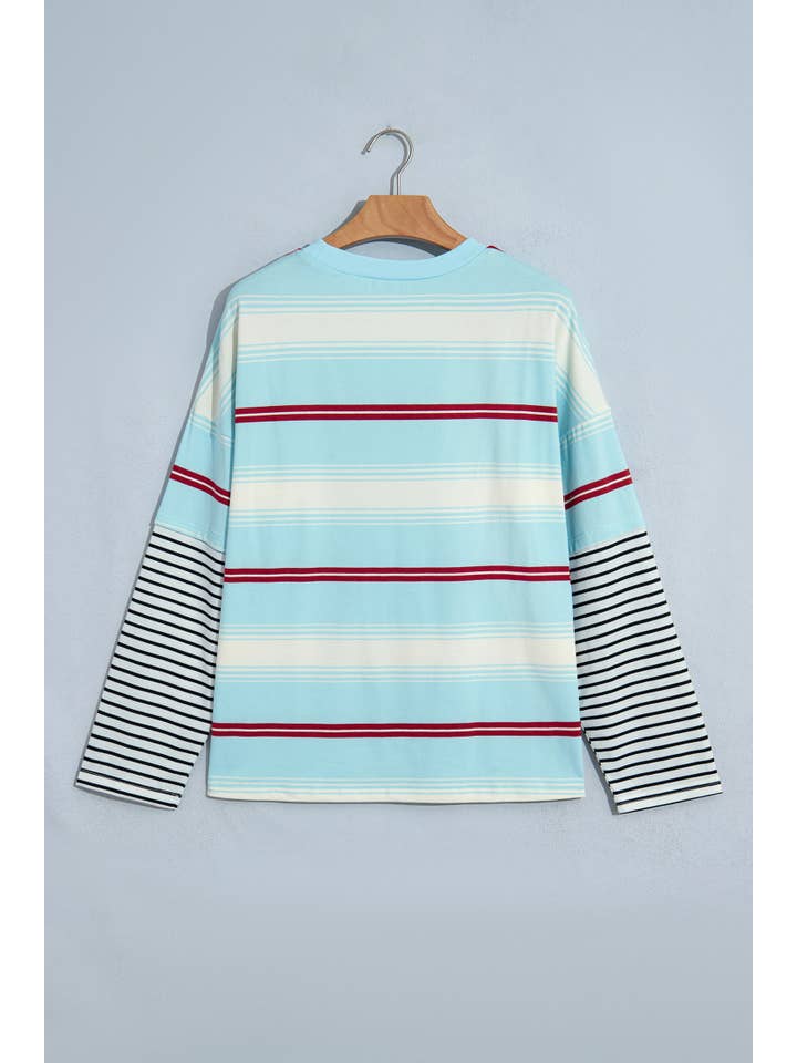 PRETTY BASH Stripe Patchwork Long Sleeve Loose Pullover Top — view 4
