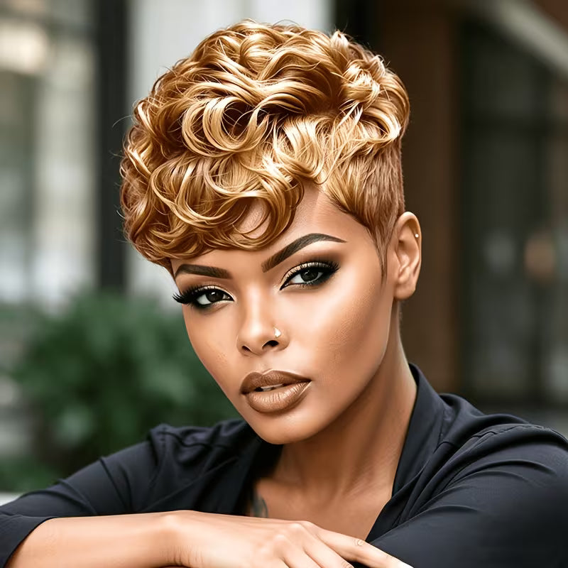 Real Human Hair Wig Suitable for Women & - Short Curly Pixie Cut with Bangs, 180% Density Thick Soft Black — view 8