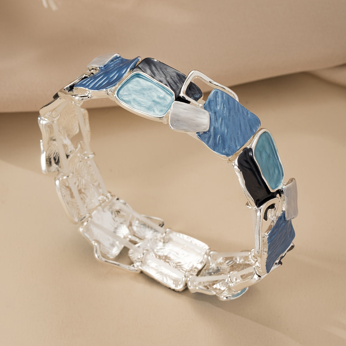 1pc Stretch Bracelet Blue Geometric Square Zinc Alloy Enamel Drip Oil Adjustable Elegant Bohemian Ocean Style Simple Elegant Design Fashionable High-End Feeling Suitable for Daily Beach Vacation And Daily Wear Accessories