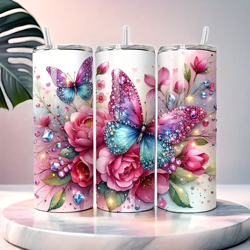 1pc 20oz Stainless Steel Tumbler with Lid - Elegant Butterfly & Floral Design, Insulated for Hot & Cold Drinks, Perfect Gift for Mom, Wife, or Girlfriend, Ideal for Home, Travel, Outdoor Use