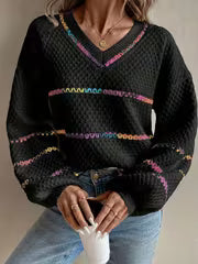 Women's White & Multicolor Striped Sweater with 3D Pineapple Crochet Accent - Soft Lightweight Drop Shoulder — view 1