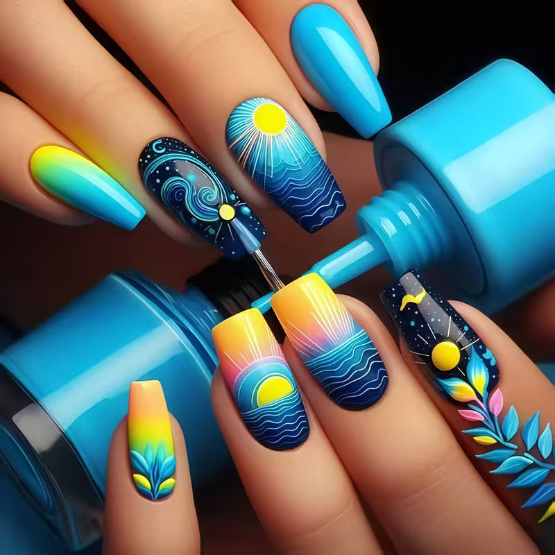 24pcs Convenient Press-On Nails • Ocean Sunset Gradient Wearable Nails • Yellow and Blue Wave Sun Fake Nails • — view 6