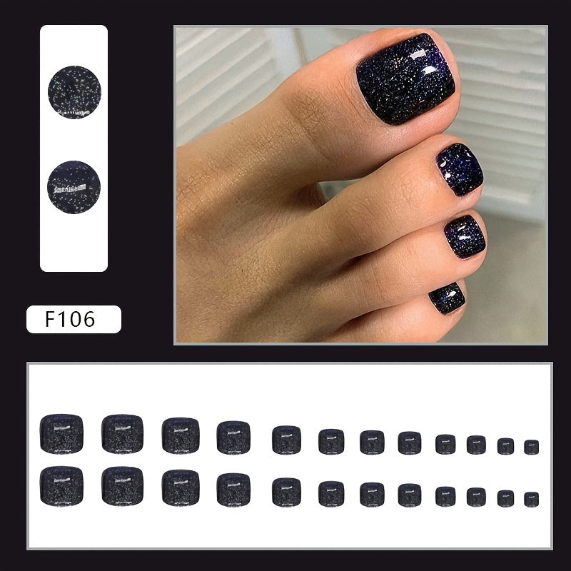 24pcs Deep Blue Starry Sky Square Press-On Nails • 1pc Adhesive Tape • 1 Nail File