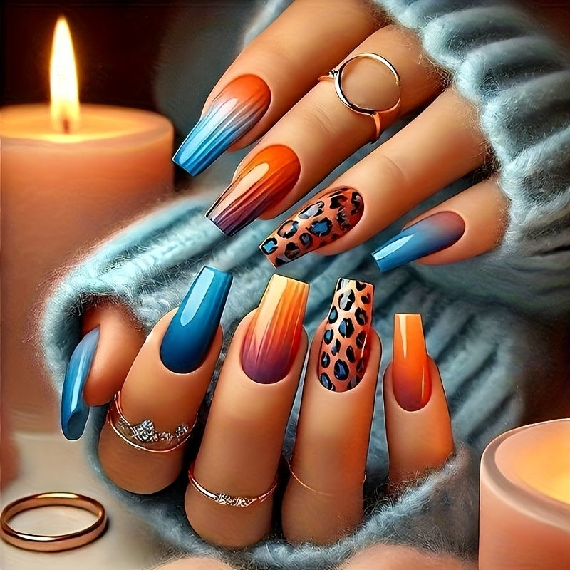 Upgrade Your Style, 24pcs of Chinese Ballet Fake Nails, Orange and Blue Gradient Stitching Wild Leopard Pattern Wearing Armor Design, Glossy Nail Patch Detachable Fake Nails
