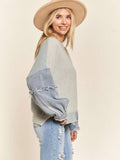 LESW3192 - Frayed Denim Sleeve Sweater Top
