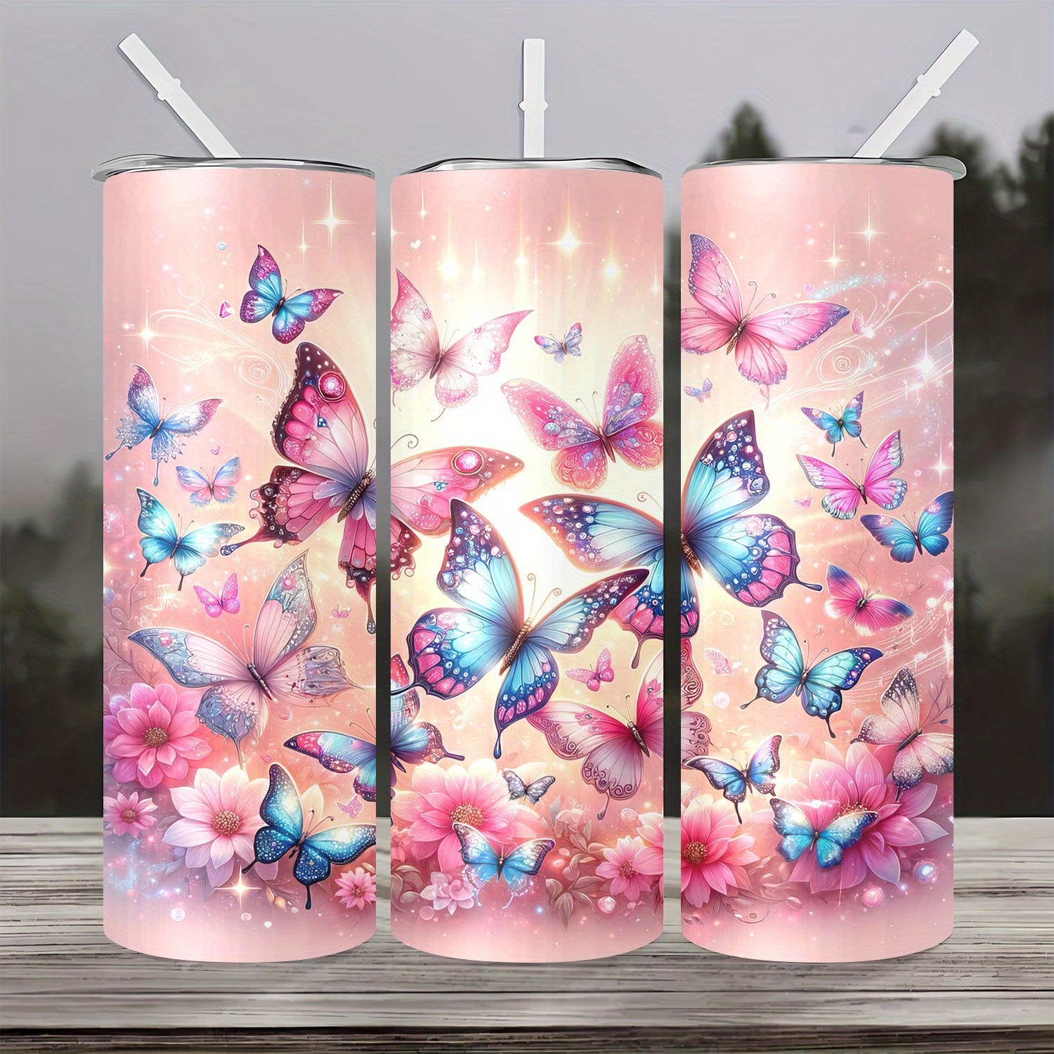 20oz Insulated Sports Tumbler with Straw and Lid, 304 Stainless Steel Butterfly Floral Design, Vacuum Cup for Hot and Cold Beverages, Ideal Gift for Mom, Lover, Sibling, Friend - Perfect for Home, Travel, Outdoor Use