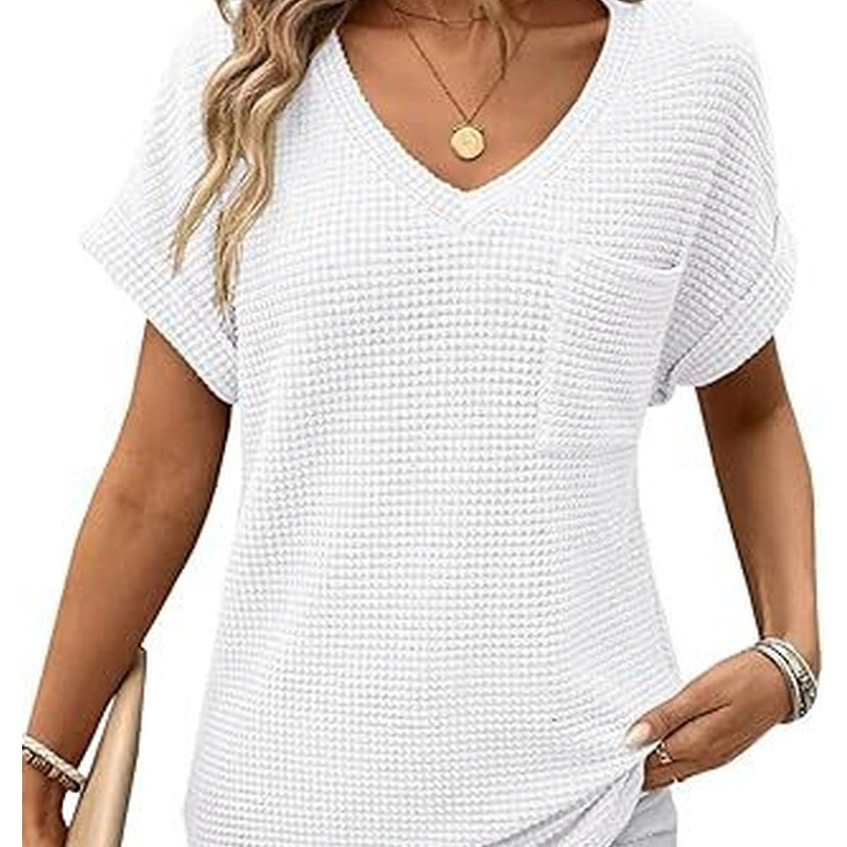 V-Neck Summer Short Sleeve Waffle Pocket Shirt