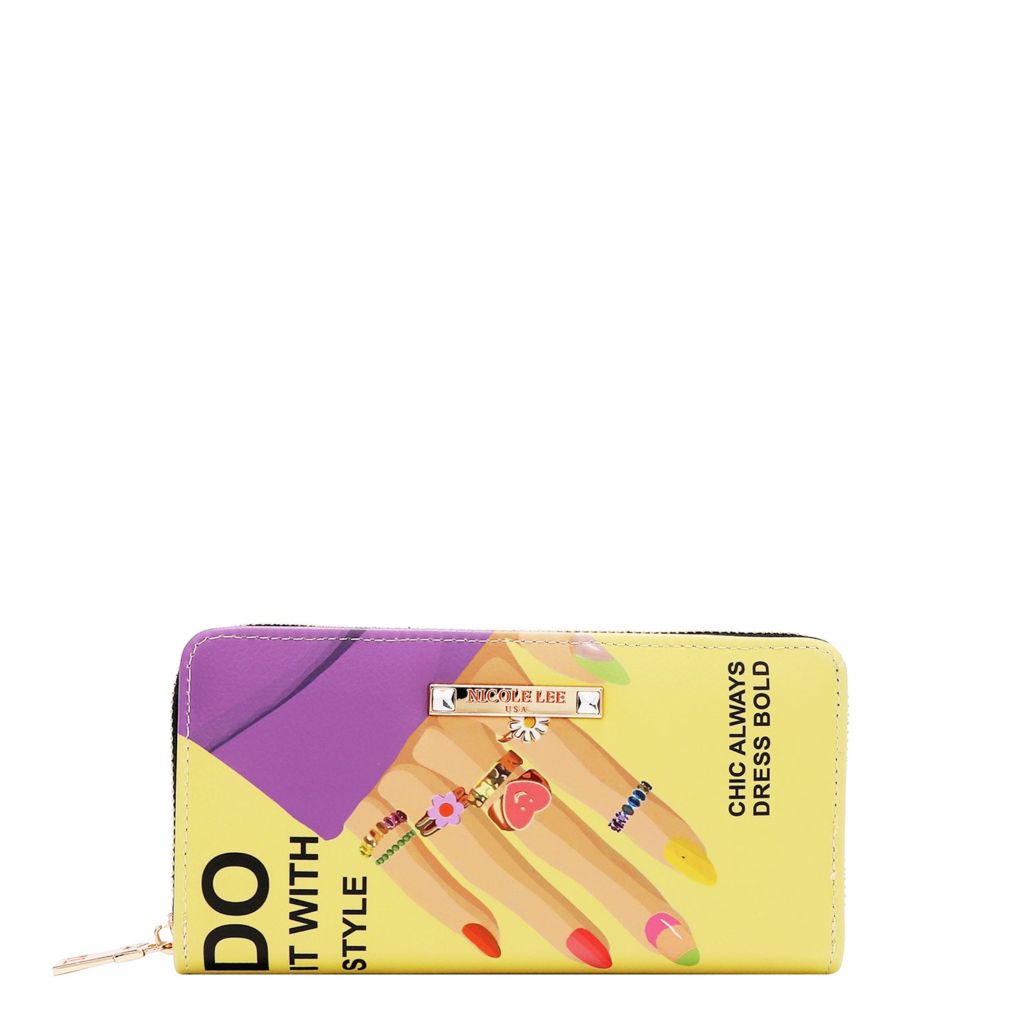 Nicole Nail Polish 3 Piece Set (Large Handbag, Small Crossbody, Small Wallet) 3-In-1 Versatile Travel Set, Yellow/Multicolor, Fashionable Chic Print