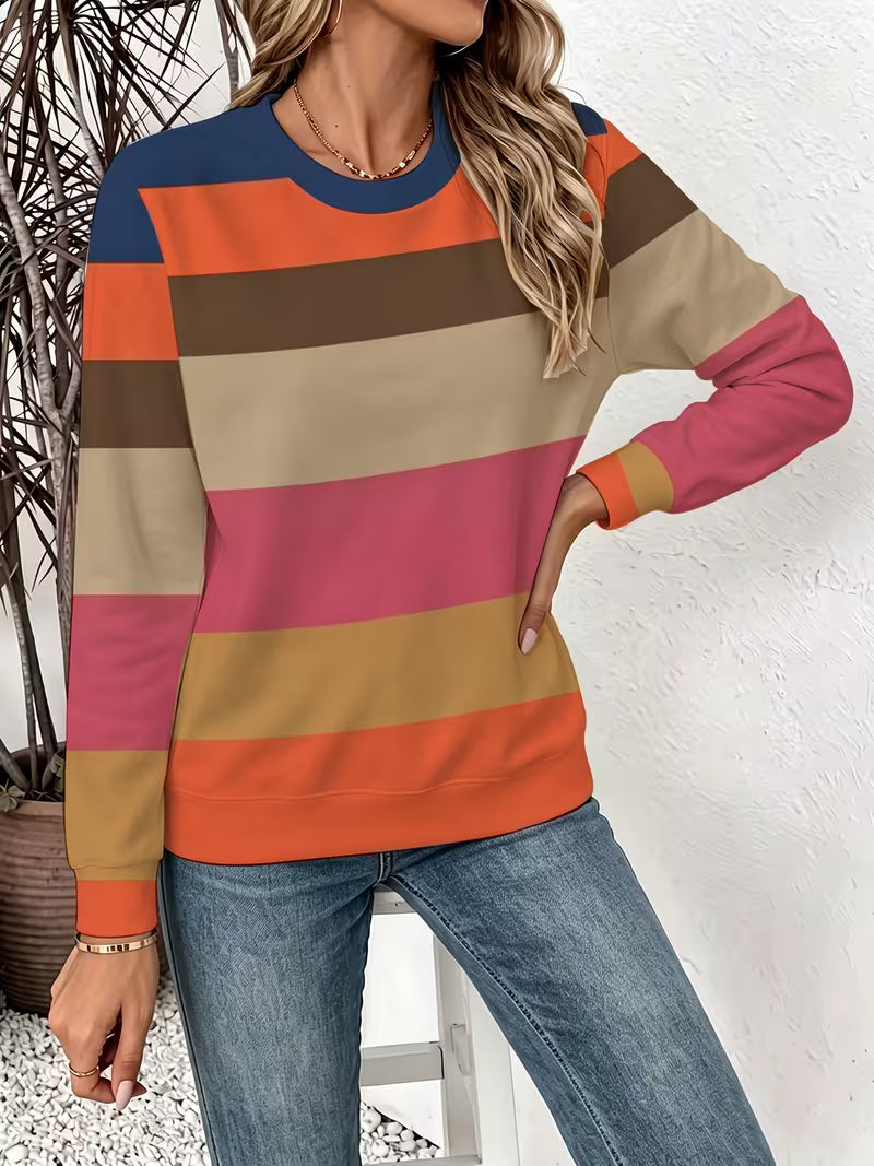 Women's Colorful Striped Sweater - Full-Body Horizontal Stripes Digital Print Crewneck Sweater Suitable for — view 7