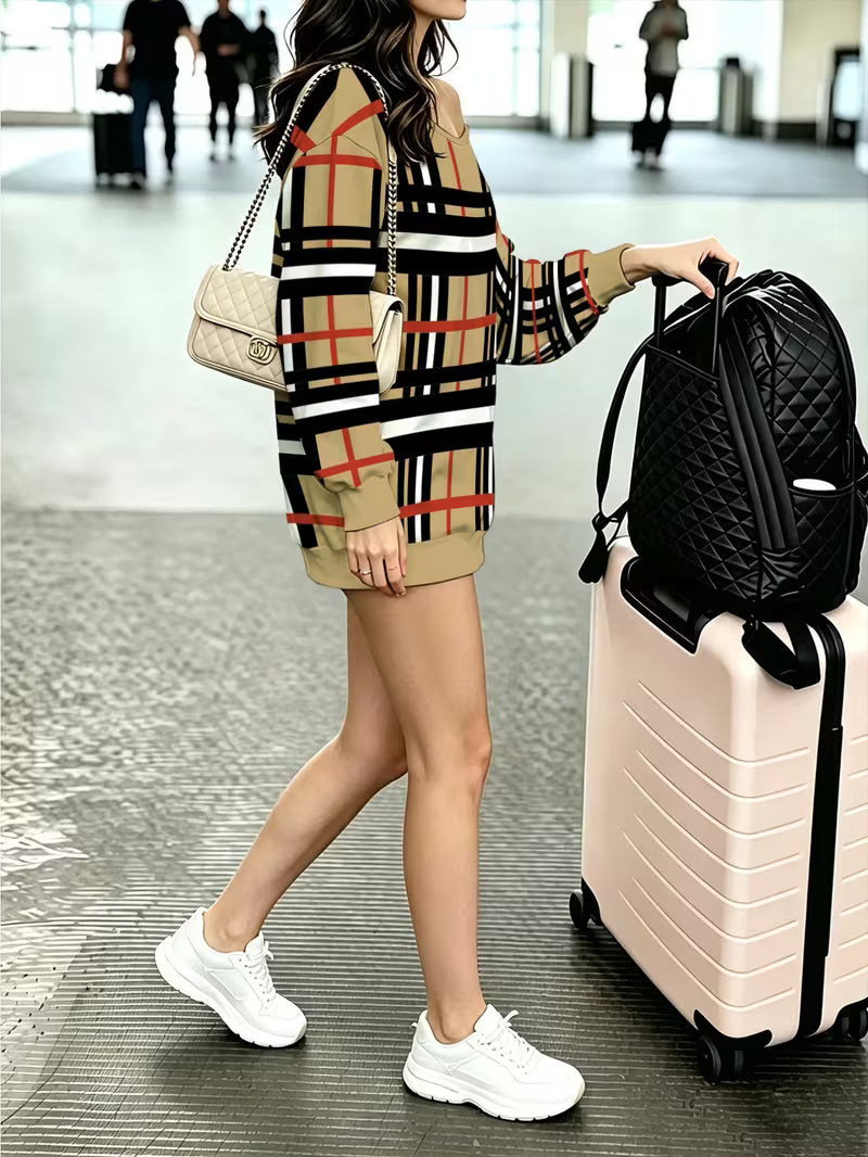 New European and American Fashion Hot Style Off-Shoulder Long Sleeve Sweatshirt, Autumn/Winter Classic Plaid — view 6