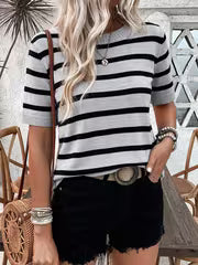 Women' Short Sleeve -Compatible Top - Round Neck Striped Stretch Suitable for Body Types, Casual & Office Wear — view 3