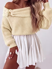 Autumn/Winter Elegant Solid Color Slim-Fit Sweater, Off-Shoulder Long Sleeve Warm Jumper for Women, Versatile — view 1