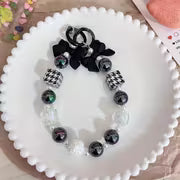 Elegant Black and White Electroplated Beaded Bow Keychain with Pearl and Crystal Accents - Durable ABS Material — view 6