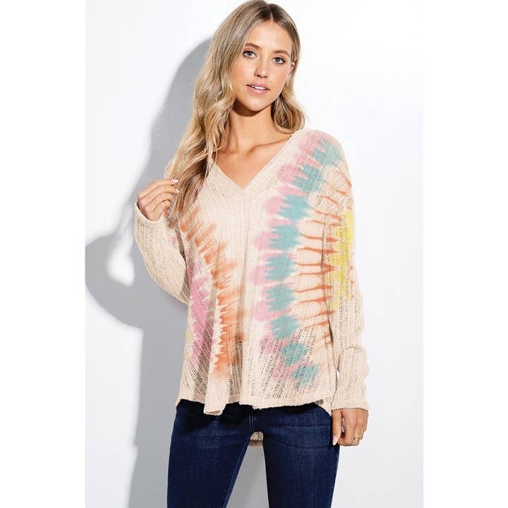 Tie Dye Print Open Knit Hoodie Long Sleeve Sweater