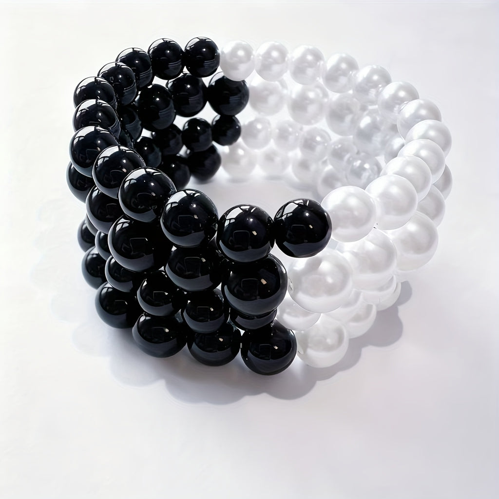 4pcs Fashion Simple Black and White Beaded Elastic Bracelets for Women's Daily Wear