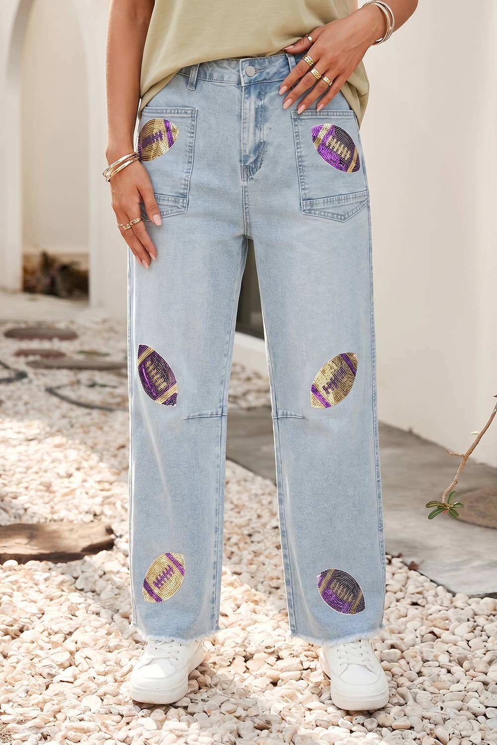 Ldc Sequin Rugby Patch Graphic Ankle Length Casual Jeans