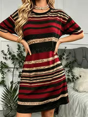 Women'S Comfortable Soft Casual Round Neck Pajamas, Retro Ethnic Striped Printed Short Sleeve Nightgown, Women'S — view 3