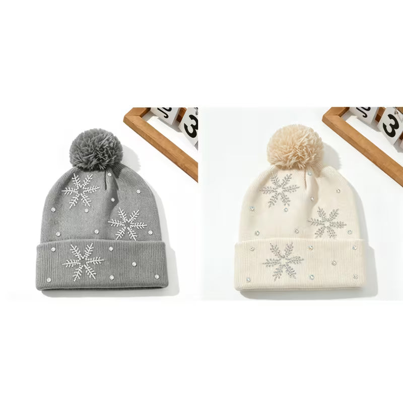 2pcs/1pc Unisex Fall Winter Snowflake Rhinestone Beanie - Fuzzy Pom Beanie, Warm Cold Weather Skull Cap for Men — view 11